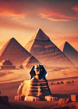 DALL·E 2024-11-06 08.26.57 - A captivating image of Egypt's Pyramids of Giza at sunset. The scene includes the three main pyramids with the Sphinx in the foreground, under a soft,