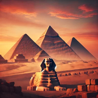 DALL·E 2024-11-06 08.26.57 - A captivating image of Egypt's Pyramids of Giza at sunset. The scene includes the three main pyramids with the Sphinx in the foreground, under a soft,